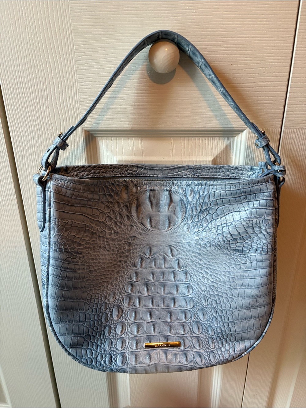 Brahmin Light Gray Croc-Embossed Shoulder Hobo